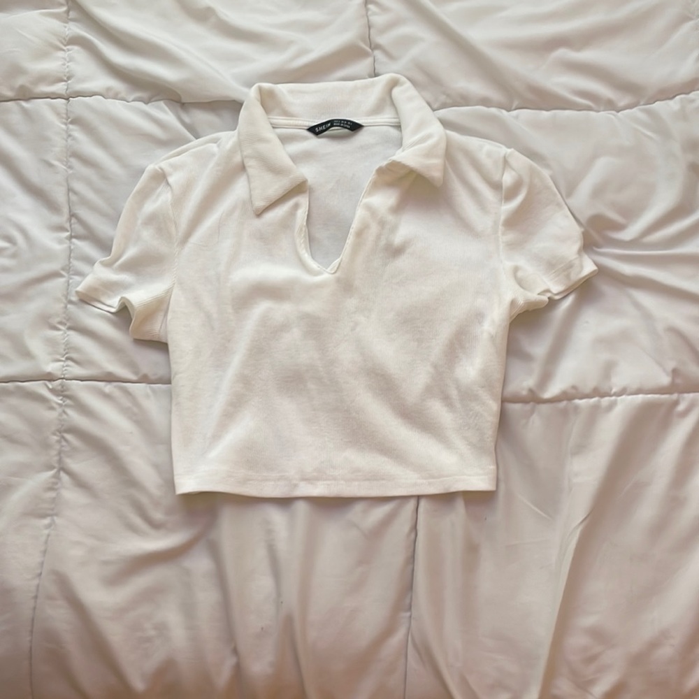 Shein White Ribbed Cropped Top With Collar Womens Small